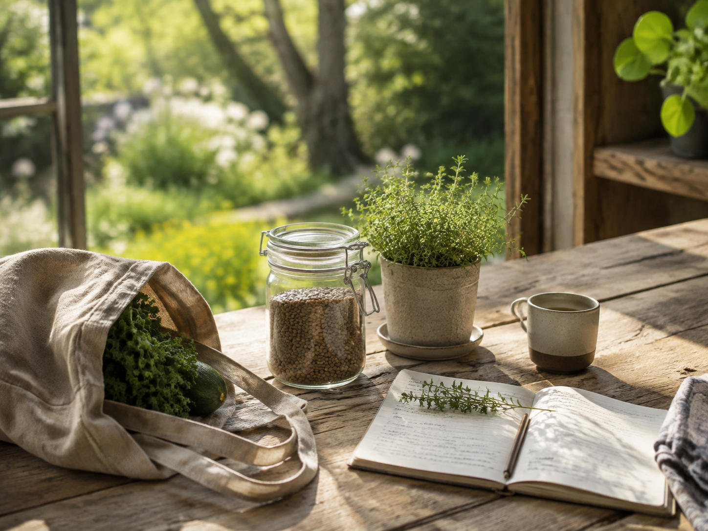 Nachhaltiger Alltag mit natürlichen Materialien und Gartenblick